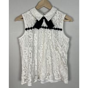 Karl Lagerfeld Ivory Floral Lace Bow Coquette Sleeveless Top Size Small Women’s